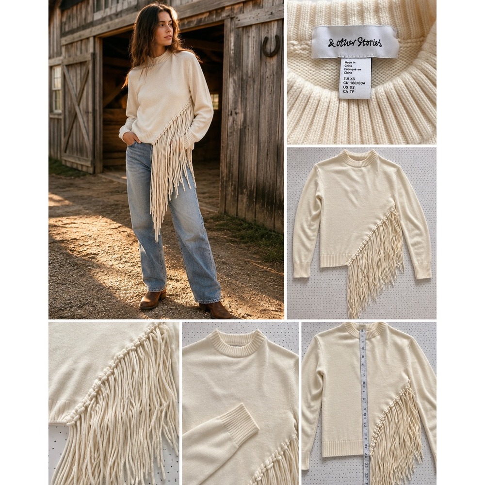& Other Stories Ivory Fringe Sweater Asymmetrical Boho Western Knit Pullover XS